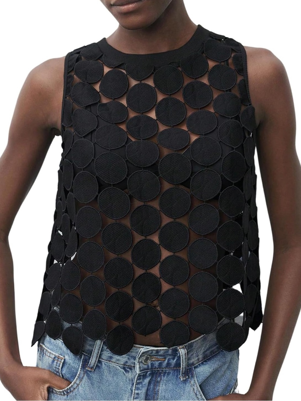 Women's Black Sheer Tank Tops See Through Polka Dots Asymmetrical Top Summer